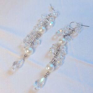 Long Dainty Pearl, Crystal and Silver chandelier Dangle Earrings